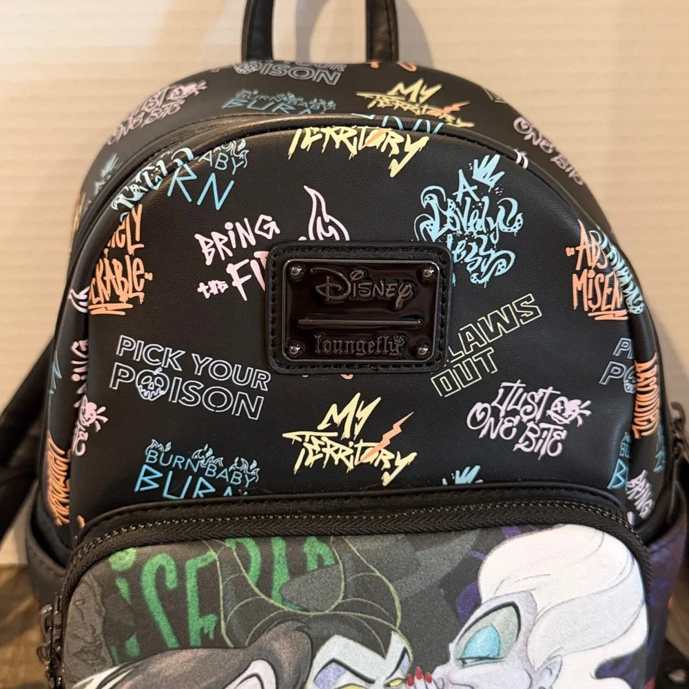 Disney lounge fly Black &Purple Villains Backpack withCruella Ursula, maleficent